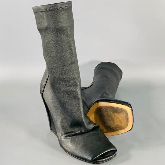 RICK OWENS Size 5 Black Lambskin Leather Open Toe Sock Wedge Boots - Picture 5 of 8